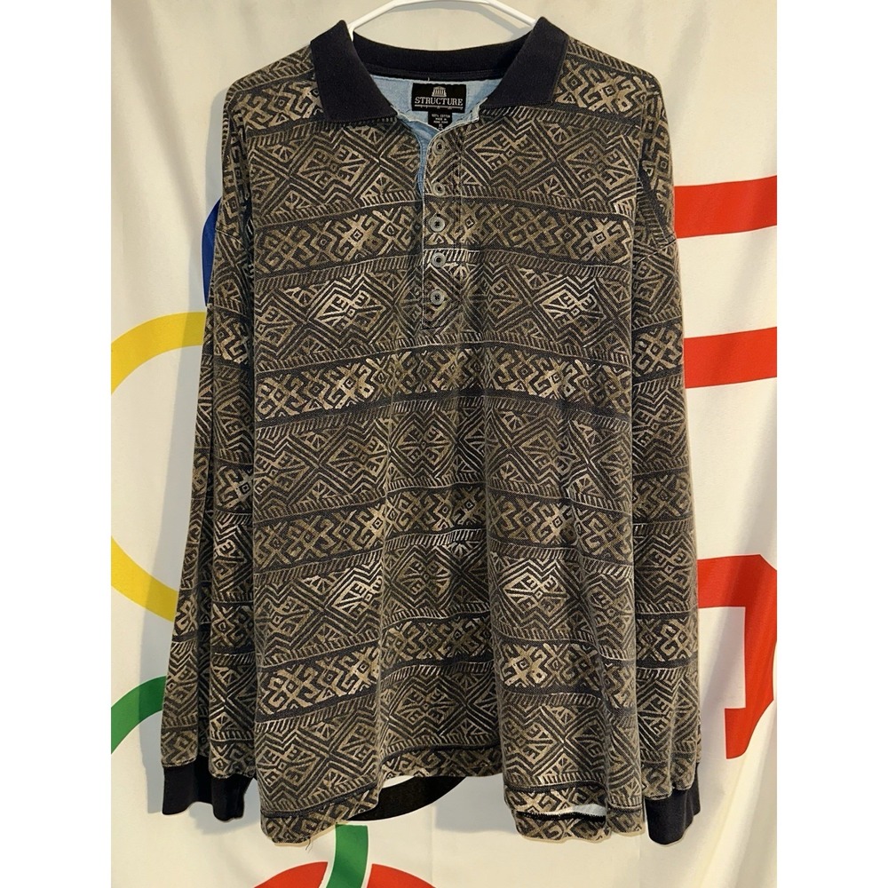 Vintage Structure Long Sleeve Polo Shirt Mens XL Geomtric Cotton Blue Brown